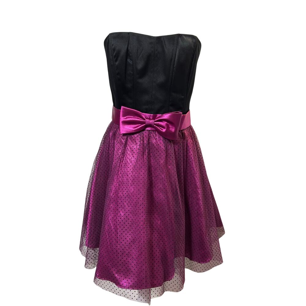 VTG Y2K Steppin Out Strapless Prom Mini Dress Gown Size M Black Fuchsia Fairy